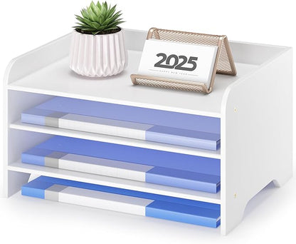 Desk File Organizer 4-Tier Desktop Paper Mail Organizer Document Holder for Home Office Supplies, Office Desk Accessories & Workspace (White)