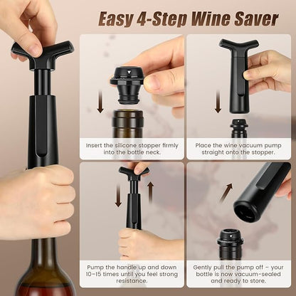 Wine Saver Vacuum Pump Set with 4 Reusable Wine Stoppers, Wine Bottle Preserver & Sealer, Keeps Wine Fresh Longer, Ergonomic Handle, Ideal Gift for Wine Lovers