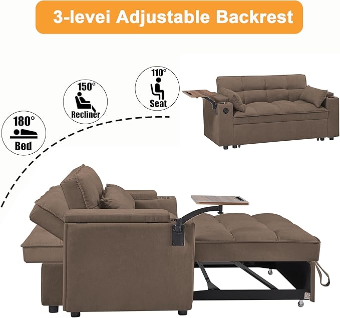 65'' Convertible Sleeper Sofa Bed with Adjustable Backrest, Chaise Lounge, Side Table & USB/Type-C Ports – Stylish & Functional Addition to Any Living Room (Light Grey-1)