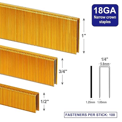 HW HAMWOO 18 Gauge 3000PCS,1/4" Narrow Crown Staples (1/2",3/4",1"),18GA Nail Gun Nails Assorted, Suitable for Most Brand of 18 Gauge Pneumatic and Electric Brad Nailer (Yellow)