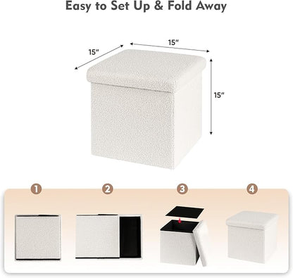 B FSOBEIIALEO Small Storage Ottoman Cube Sherpa Ottomans Foot Rest, Foldable Boucle Ottoman, Faux Teddy Fur, Cream White 15"x15"x15"
