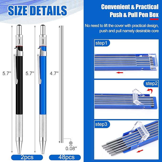 2 Pcs Welders Pencil with 48 PCS Round Refills Mechanical Pencils Metal Welding Marker for Tube Pipe Fitter Welder Steel Construction Woodworking (Silver)