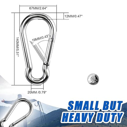 Large Carabiner Clip Hooks, 4pcs 5.5 inch Carabiners Heavy Duty, 304 Stainless Steel Spring Snap Hook Fits Camping Hanging Hiking Weight Lifting, Metal Clips for Rope or Chain