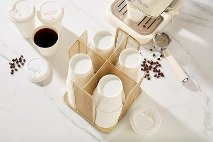 Annova Paper/Plastic Cup and Lid Holder Plastic Storage Organizer, 360°Rotating Coffee Mup Dispenser with 4 Compartments, Multifunctional Storage Rack for Home, Office, Bar, Coffee Shop (Gold)