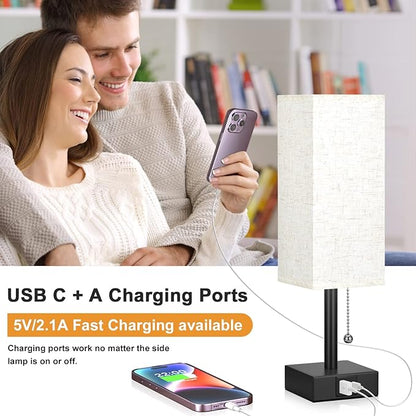 Bedside Table Lamp with 3 Color Temperatures - 3000/4000/5000K Small Lamp with USB C+A Ports, Nightstand Lamp with 3 Color Modes by Pull Chain, Bedroom Lamp for Living Read Work(LED Bulb Included)