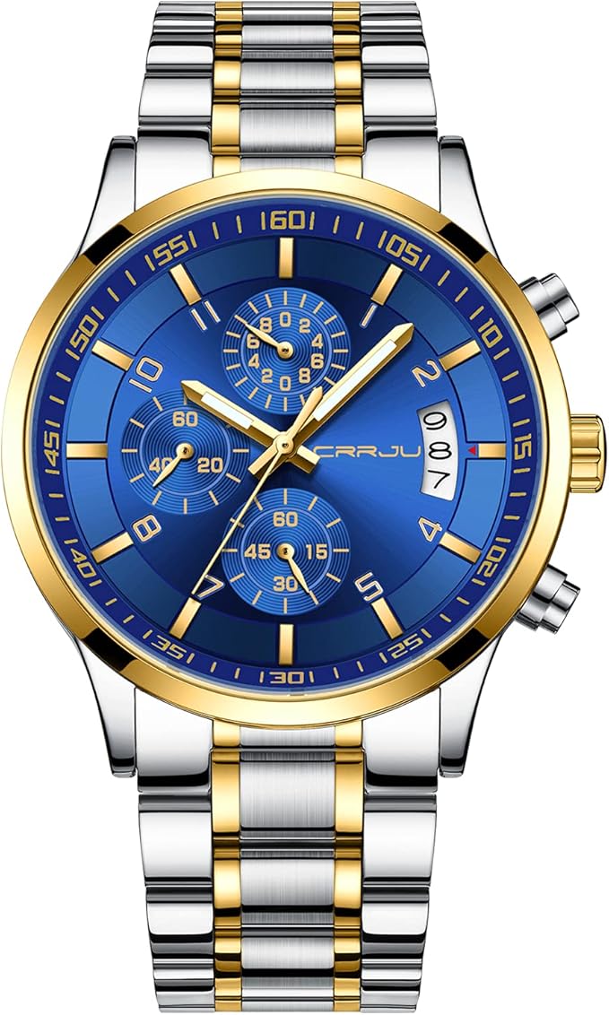 CRRJU Men's Fashion Stainless Steel Watches Date Waterproof Chronograph Wristwatches,Black Steel Band Waterproof Quartz Watch for Men