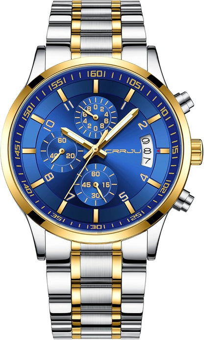 CRRJU Men's Fashion Stainless Steel Watches Date Waterproof Chronograph Wristwatches,Black Steel Band Waterproof Quartz Watch for Men
