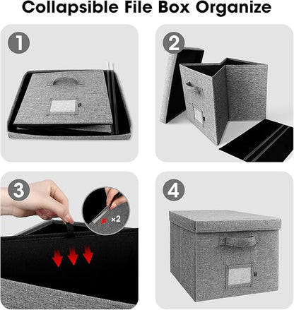File Organizer Box with Lid, Linen Hanging File Storage Box with Handle, Collapsible Document Filling Box for Letter/Legal Folder, Portable File Box for Office/Decor/Home (1 Pack, Gery)