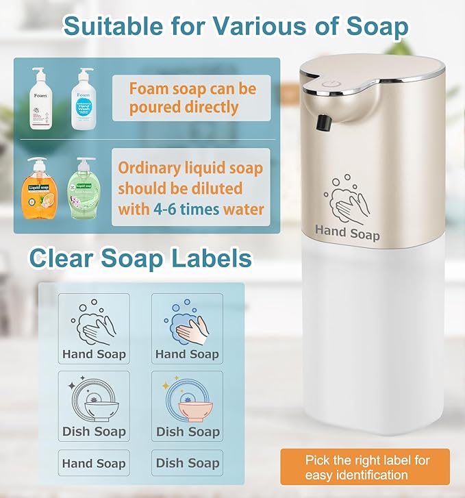 Soap Dispenser, Automatic Foaming Soap Dispenser with 4 Adjustable Volume Control, Touchless Rechargeable Hands Free Auto Soap Pump for Kitchen, Bathroom, Hotel, Restaurant,13.5oz/ 400ml