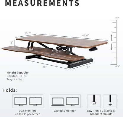 VIVO 48 inch Desk Converter, K Series, Height Adjustable Sit to Stand Riser, Dual Monitor and Laptop Workstation with Wide Keyboard Tray, Rustic Vintage Brown Top, Black Frame, DESK-V048KN
