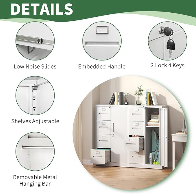 4-Drawer Vertical File Cabinet with Lock & 1 Door,File Cabinet with Storage Shelves for A4/Legal/Letter, White, Assembly Required