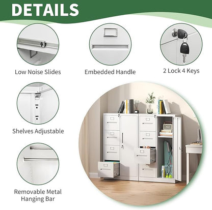 4-Drawer Vertical File Cabinet with Lock & 1 Door,File Cabinet with Storage Shelves for A4/Legal/Letter, White, Assembly Required