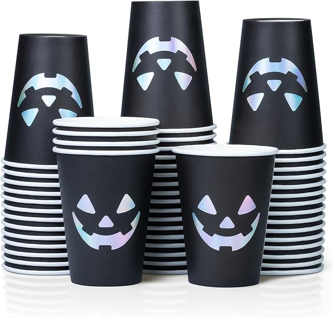 Halloween Disposable Paper Party Cups, Bulk 50 Pack, Leak-Resistant, 12 oz Hot and Cold Cups for Restaurants and Parties, Jack-O-Lantern, Black & Silver