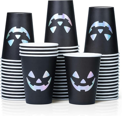 Halloween Disposable Paper Party Cups, Bulk 50 Pack, Leak-Resistant, 12 oz Hot and Cold Cups for Restaurants and Parties, Jack-O-Lantern, Black & Silver