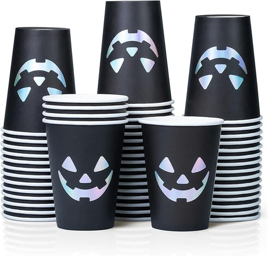 Halloween Disposable Paper Party Cups, Bulk 50 Pack, Leak-Resistant, 12 oz Hot and Cold Cups for Restaurants and Parties, Jack-O-Lantern, Black & Silver