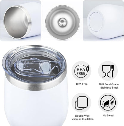 MEZMUT 12 Oz Insulated Wine Tumbler with Lid Double Wall Vacuum Stainless Steel Wine Glass Coffee Mug Insulated Tumbler Cup for Champaign, Cocktail, Beer (White, 6 Pack)