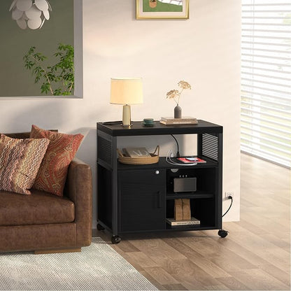 Unikito Lateral File Cabinet, Locking Office Filing Cabinets with Socket and USB Charging Port, Modern Rolling Printer Stand with Storage for A4, Letter Size and File Folders, Black