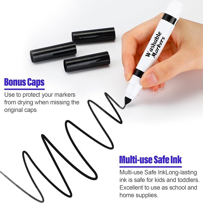 Janlaugh 36 Pcs Black Washable Markers Bulk Coloring Broad Line Markers for Kids Black Conical Tip Drawing Pen for School Supplies, Travel Art Baby Shower Gender Reveal Party Supplies, Ages 6+