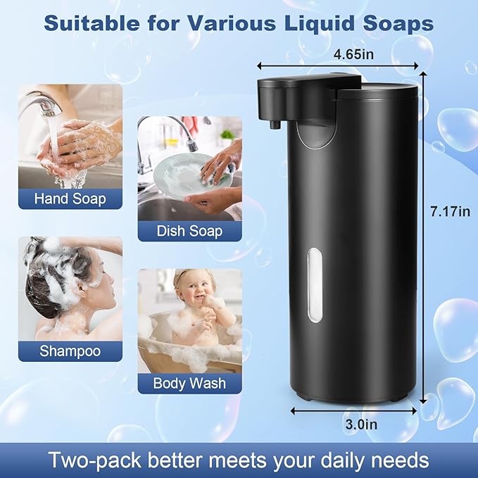 2 Pack Automatic Liquid Soap Dispenser, Touchless 12oz/340ml Stainless Steel Soap Dispenser, Motion Sensor Pump for Bathroom Kitchen Dish Soap, Hands-Free and Waterproof(Black)