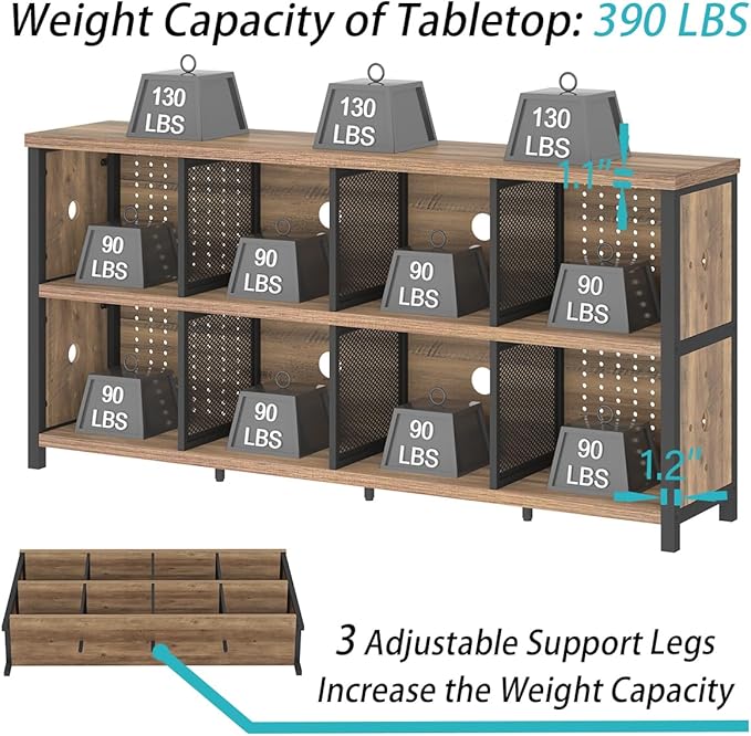 LVB Industrial Horizontal Bookshelf, 4 5 6 7 8 Cube Storage Organizer Bookcase, Modern Wide Large Book Shelf for Bedroom Living Room, Rustic Low Long Wood Metal Office Cubby Shelf, Rustic Oak, 63 Inch
