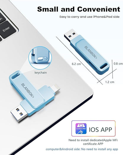MFi Certified 256GB Flash Drive for iPhone Photo Stick, USB Memory Stick iPhone Flash Drive for Photos Videos, High Speed External Storage USB Stick Thumb Drive for iPhone/iPad/Android/PC(Sky Blue)