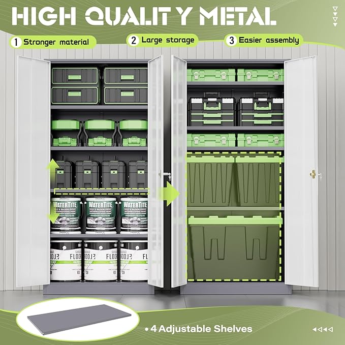 SUNCROWN 72" Metal Storage Cabinet - Heavy-Duty Metal Garage Cabinet with 4 Adjustable Shelves & 2 Doors for Tools, Office, Home, Workshop,Grey & White-Small