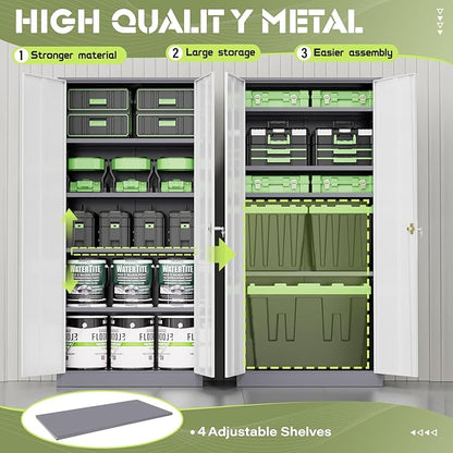 SUNCROWN 72" Metal Storage Cabinet - Heavy-Duty Metal Garage Cabinet with 4 Adjustable Shelves & 2 Doors for Tools, Office, Home, Workshop,Grey & White-Small