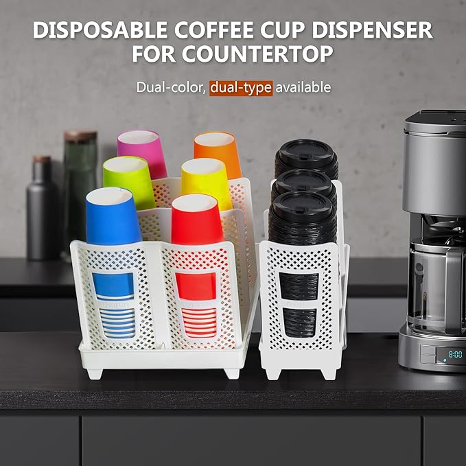 Paper Cup and Lid Holder, Disposable Coffee Cup Dispenser, 3-Slot Upright Paper Cup Dispenser for Coffee Stations, Kitchens, Bars, Restaurants, Lounges (White)