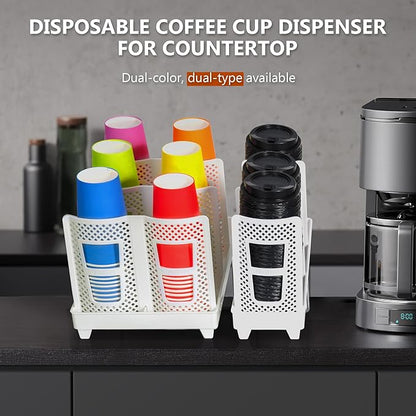Paper Cup and Lid Holder, Disposable Coffee Cup Dispenser, 3-Slot Upright Paper Cup Dispenser for Coffee Stations, Kitchens, Bars, Restaurants, Lounges (White)