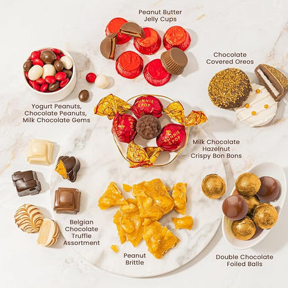 BONNIE AND POP - Holiday Snack Gift Tin, Round, Modern Pattern, Assorted Treats: Belgian Truffles, Chocolate Covered Oreos, Peanut Brittle and Candy Nuts