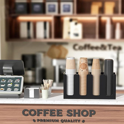 WINFFOR Disposable Cup Organizer Dispenser - 4 Compartments Black Acrylic Cup and Lid Holder with Handles Plastic Cup Dispenser Countertop Paper Cup Holder for Coffee Bar House Party Essentials