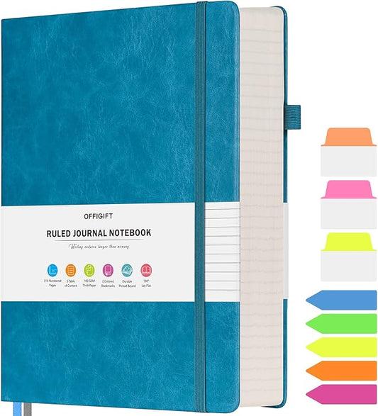 Lined Journal Notebook, Large A5 College Ruled Notebook, 312 Numbered Pages Work Notebook with Index Stickers, 100gsm Thick Paper, Hardcover Vegan Leather Journal for Women Men School Office, Blue