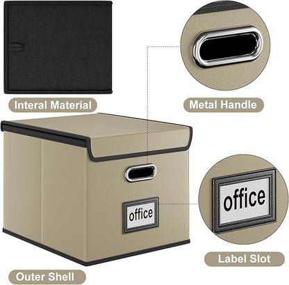 Huolewa Portable Leather File Organizer Boxes with Lids, Office Document Boxes Organizer, Filing Boxes, Decorative Small File Boxes for Hanging Files with Plastic Slide for Office/Decor/Home