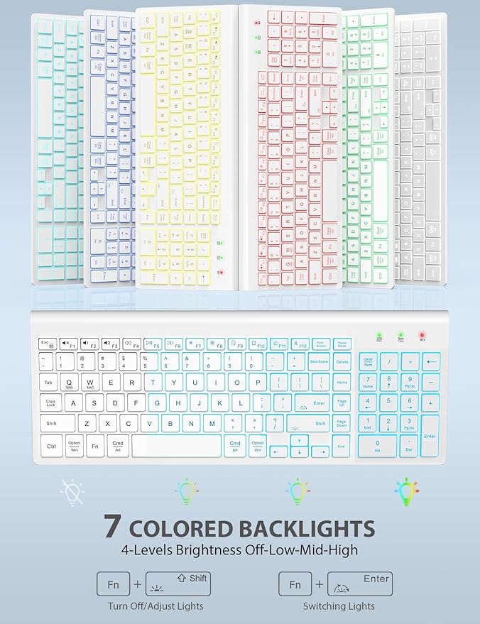 SABLUTE Wireless Keyboard and Mouse Combo Backlit - Compact Quiet Keyboard with RGB Mouse, Rechargeable, Slim, Sleep Mode, Portable Cordless Keyboard Mouse Set for Mac, Windows, Laptop (Polar White)