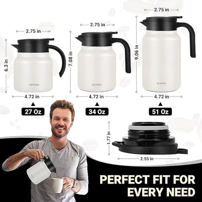 34Oz Thermal Coffee Carafes For Keeping Hot/Cold, Stainless Steel Coffee Carafe, Dustproof Insulated Water Carafe for Party/Home, Cream