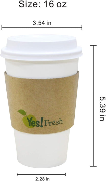 Yes!Fresh Disposable Paper Coffee Cups – To-Go Cups with Lids & Sleeves (Selected Sizes) – For Office, Parties, Home, Travel (White 16 oz 50 count)