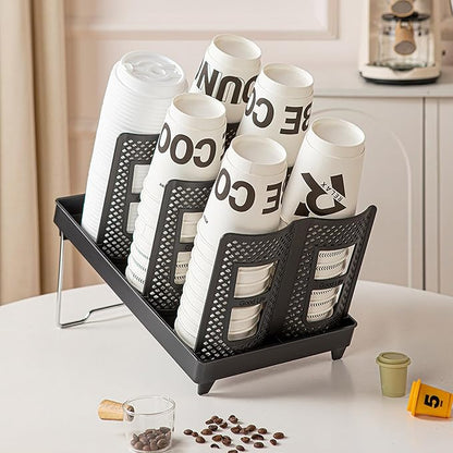 6 Slots Cup and Lid Holder, Disposable Paper Cup Dispenser with Stand, Coffee Cup and Lid Storage Organizer for Coffee Station Bar Office Home Countertop Breakroom Restaurant