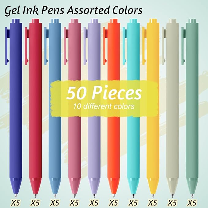 Crtiin 50 Pcs Gel Ink Pens Bulk, Black Ink 0.5mm Fine Point Retractable Pen Smooth Writing Office School Supplies for Teacher Server Operation Christmas Charity Donation Thanksgiving (Rainbow Colors)