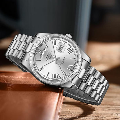 NIBOSI Men's Watches Analog Quartz Diamond Bezel Stainless Steel Dial Rose Gold Silver Watches for Men Waterproof Business Classic Dress Wrist Watch with Day Date