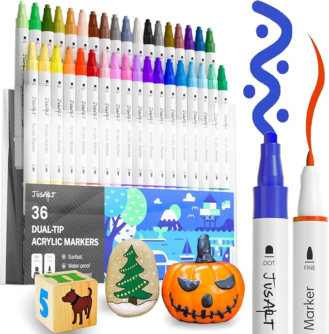 JusArt 36 Colors Dual Tip Acrylic Paint Markers with Dot and Fine Tip, No-Bleed Paint Pens and Waterproof Markers for Rock, Wood, Glass, Ceramic - Vibrant Art Supplies for Kids, Beginners & Artists