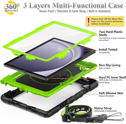 SEYMAC stock Case for Samsung Galaxy Tab A9 8.7'', Full-Body Drop Protection Case with Screen Protector Pencil Holder [360° Rotating Hand Strap] &Stand, Green+Black