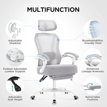 Ergonomic Office Chair with Footrest,Ultra Thick Reclining Office Desk Chair with Adjustable 2D Lumbar Support and Headrest,Spring Cushion,High Back Premium Mesh Computer Chair Office Chairs,Grey