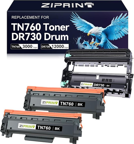 ZIPRINT TN760 Toner Cartridge and DR730 Drum Unit Compatible Replacement for Brother TN 760 TN-760 TN730 DR730 for MFC-L2710DW MFC-L2750DW HL-L2370DW DCP-L2550DW (2 Toners, 1 Drum Unit, 3 Pack)