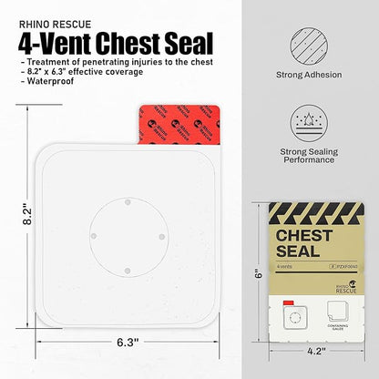 RHINO RESCUE Vented Chest Seal, 4 Vents, Sterile Emergency Trauma Dressing, Occlusive Adhesive Pad, IFAK Trauma Refill Medical First Aid Supplies for Wound Care, Gunshot Wound, Sucking Chest(2 Count)