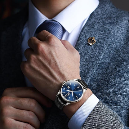 OLEVS Mens Watches, Dress Waterproof Classic Analog Casual Luxury Wrist Watch for Men with Date, Easy to Read Relojes para Hombres Male Quartz Wristwatch with Brown Black Leather Band Blue Black Dial