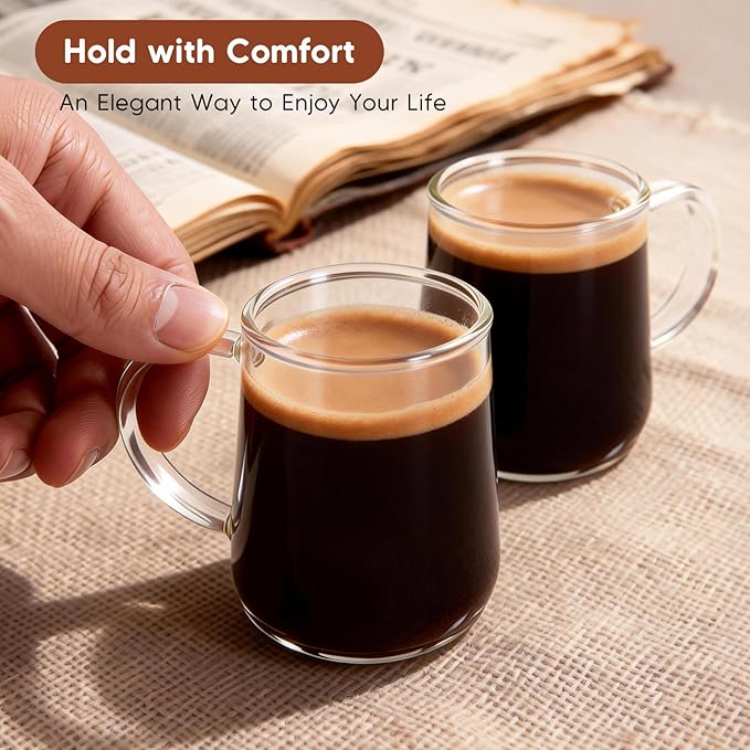 Glass Espresso Cups Set of 2, 3 oz Clear Espresso Shots Cup with Handle, Mini Coffee Cups Glasses Mugs, Demitasse Cups, Cappuccino Cup, Suit for Espresso Machine, Microwave Dishwasher Safe