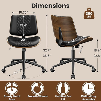 Armless Office Chair, Mid Century Modern Desk Chair with Walnut Wood Back & SGS Level 3 Gas Lift, Swivel PU Leather Computer Chair for Small Space, Home Office, 300lbs Cap, Black Set of 2