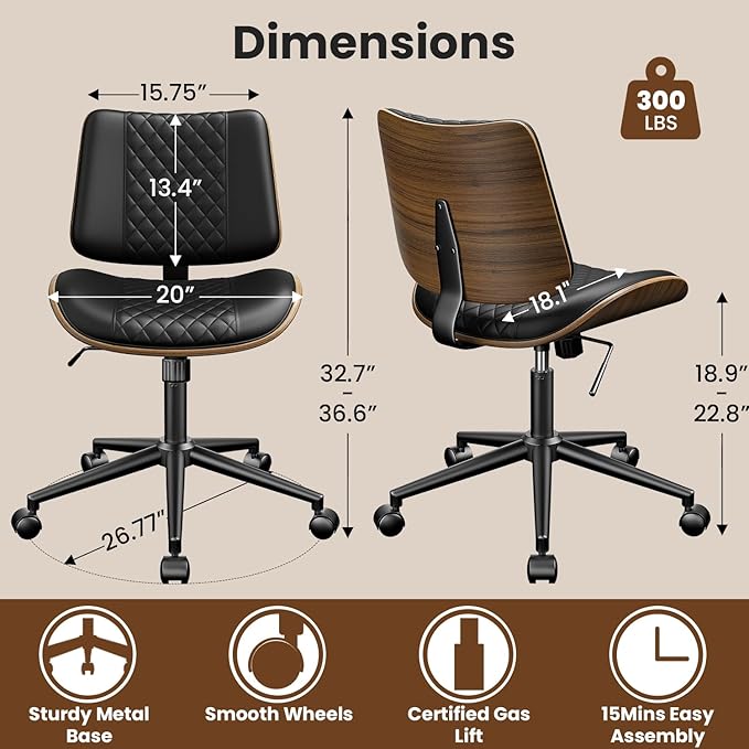 Armless Office Chair, Mid Century Modern Desk Chair with Walnut Wood Back & SGS Level 3 Gas Lift, Swivel PU Leather Computer Chair for Small Space, Home Office, Bedroom, 300lbs Cap, Black