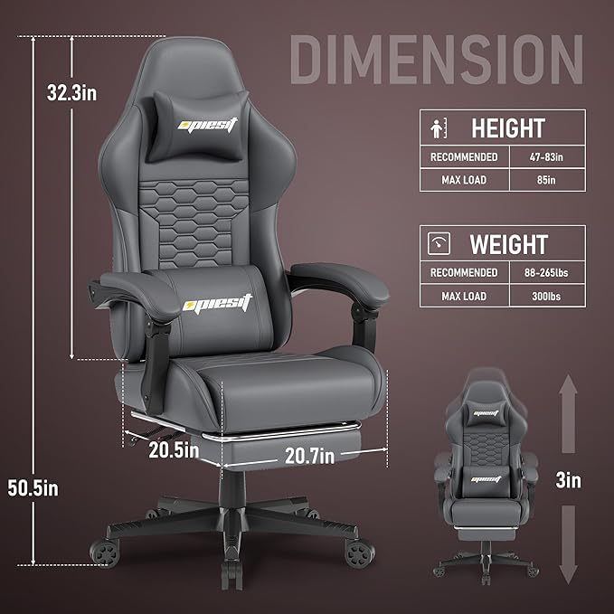 Gaming Chair, Computer Gaming Chairs with Footrest, Linkage Armrests and Lumbar Support, High Back Ergonomic Office Chair for Adults, Big and Tall Desk Chair(Grey)