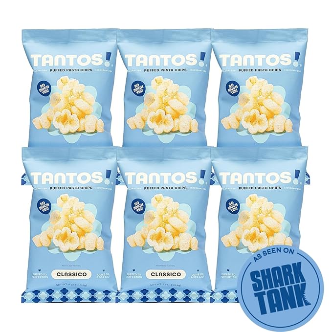 Tantos! Puffed Pasta Chips, Healthy Pasta Snack by Top Chef Joe Sasto, As Seen on Shark Tank, Plant Based, Low Calorie, Crunchy Chips, Variety Pack, Marinara, Pesto, Cacio e Pepe, Classico, Gourmet Bold Flavors, 1 oz 6 Pack of Classico
